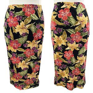 Vintage Chico's Design 100% Cotton Black Floral Tropical Pull On Maxi Skirt
